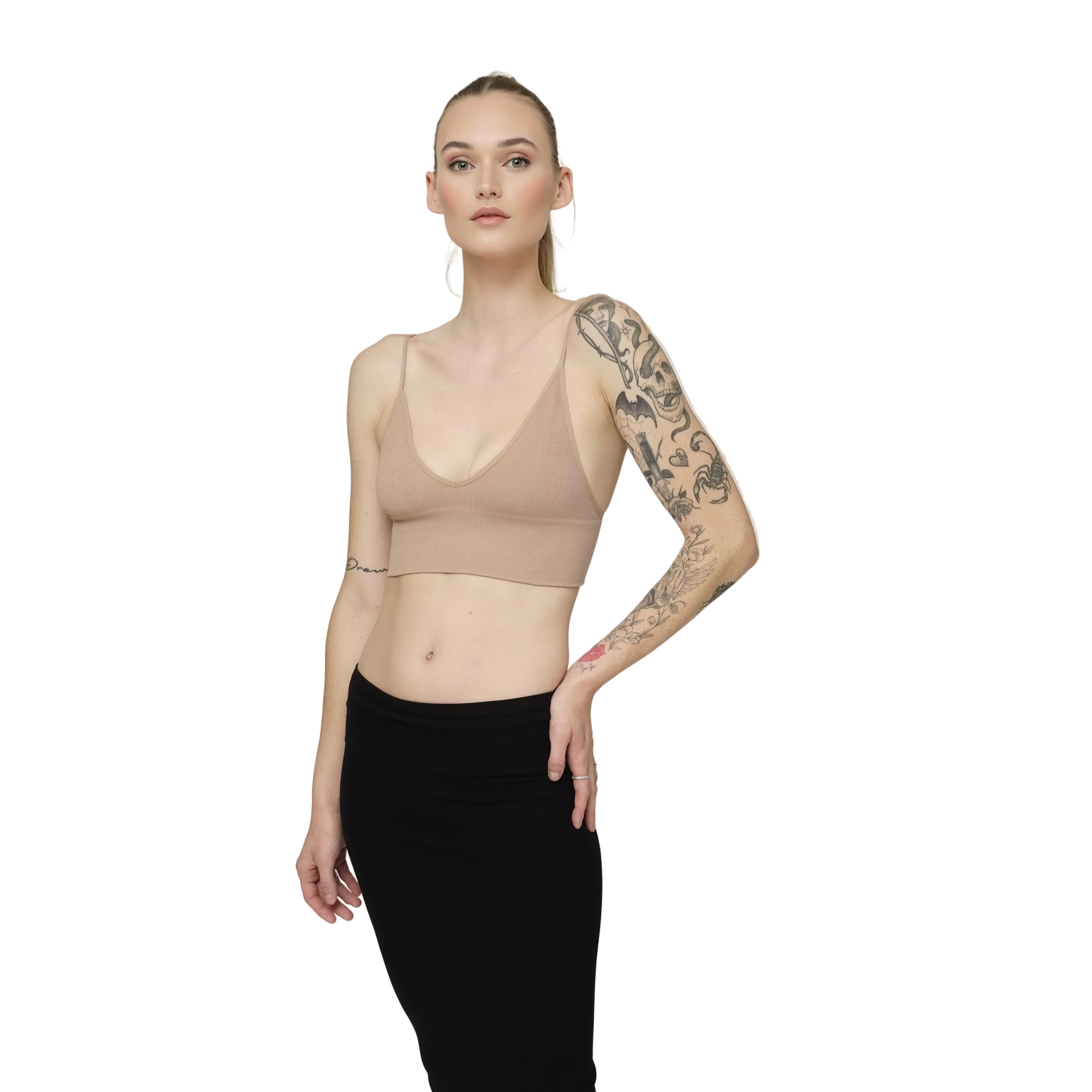 Woman wearing a camel color bralette