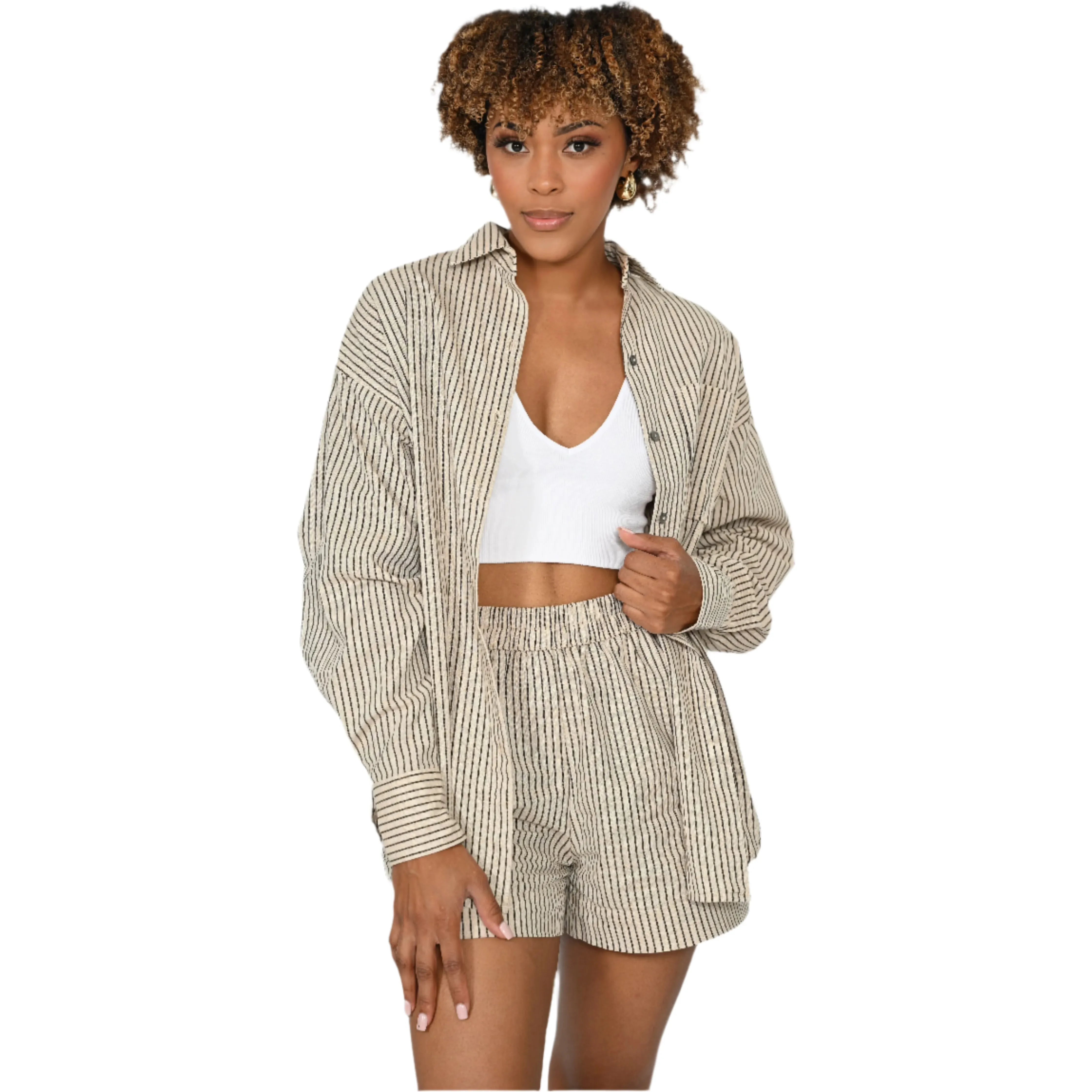 Woman In Neutral Linen Loungewear Short Set