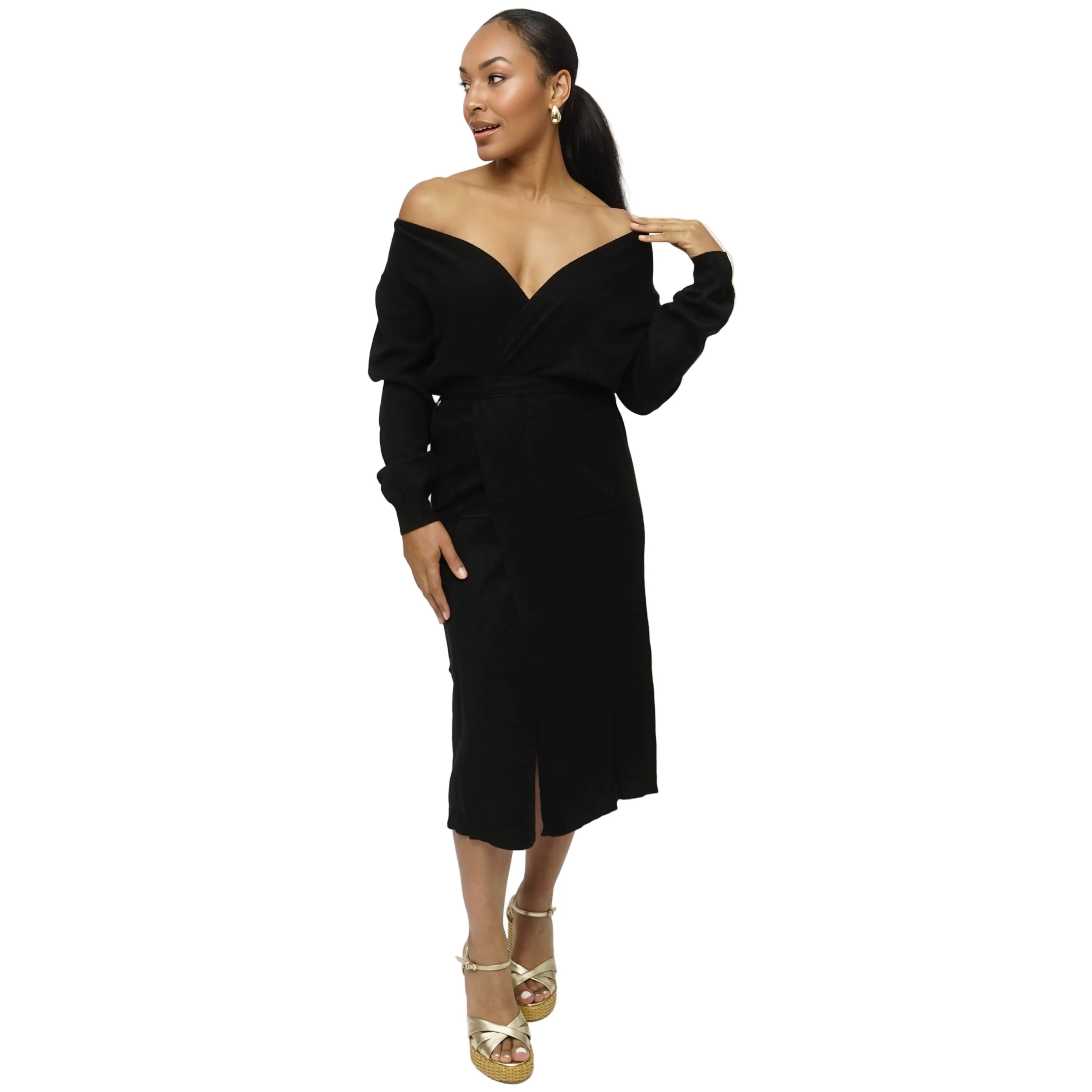 Woman wearing a black off-shoulder dress on a white background